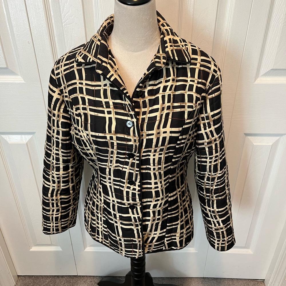 VINTAGE Carol Little size S 100 Silk Plaid Women's Jacket - Black and Cream